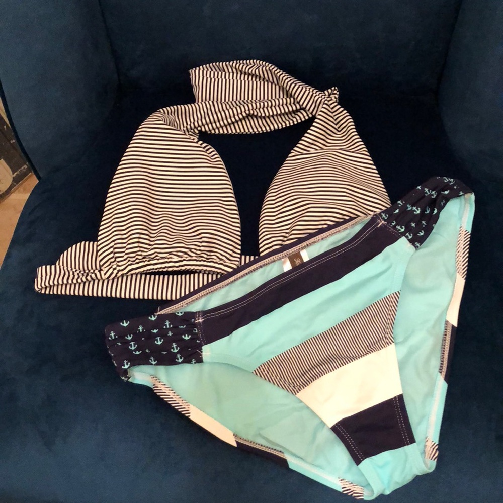 Navy Blue stripe white & Teal Bikini